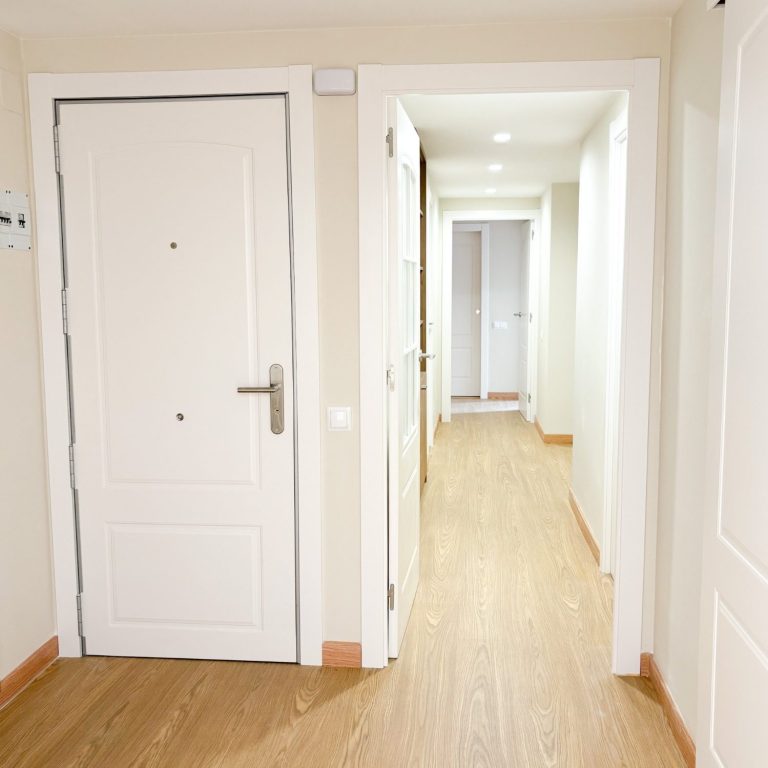 Carpintería y parquet Pasillo con puerta principal y otras puertas al fondo, suelo de madera clara.